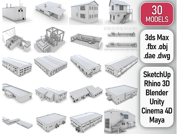3D asset Industrial Buildings Collection