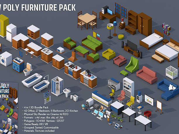 100 Low Poly Furniture Pack 4 in 1 3D model