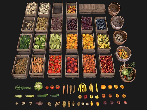 3D asset game-ready Vegetables and Fruits Bazaar Set