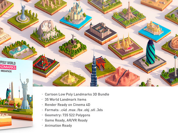 Polygonia Cartoon Low Poly Landmarks Mega Pack 3D model