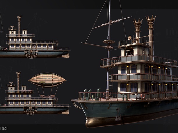 VR / AR ready Steampunk Passenger Ship Model Game Ready 1